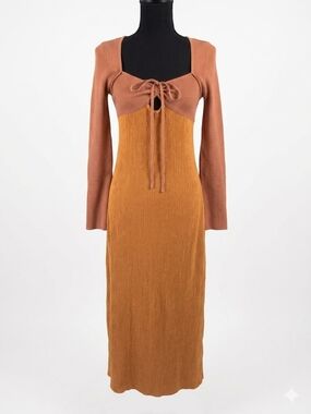 Crescent Two-Tone Rust & Mustard Tie-Front Long Sleeve Midi Dress